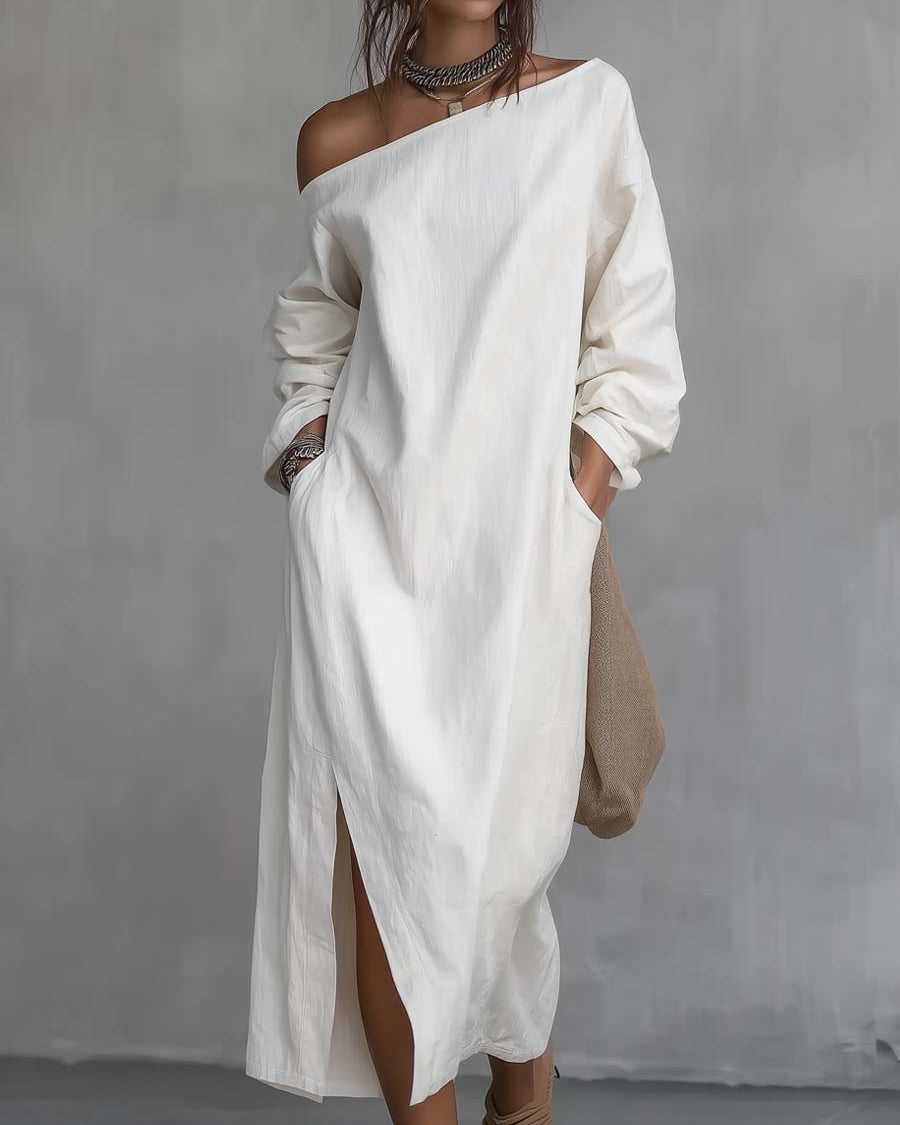 Lockeres Kleid mit einseitigem Träger, Saumschlitz, aus Baumwoll-Leinen-Mischung, Midikleid - Weiß - Midi Dress - Concept Fashionlab
