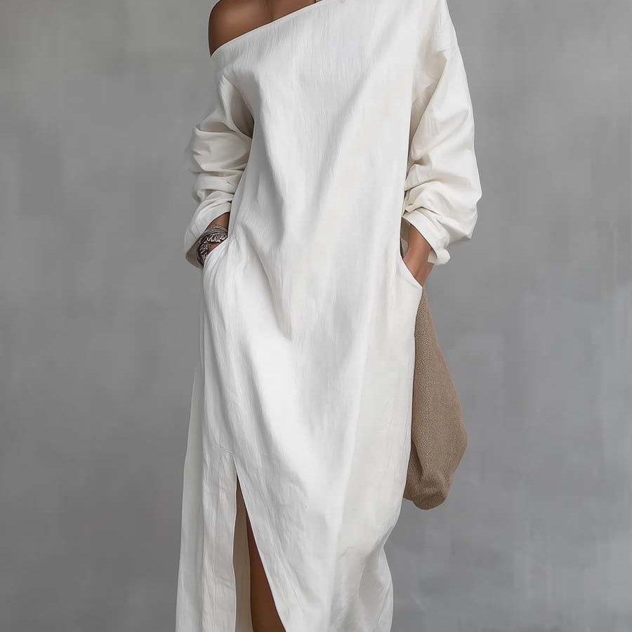 Lockeres Kleid mit einseitigem Träger, Saumschlitz, aus Baumwoll-Leinen-Mischung, Midikleid - Weiß - Midi Dress - Concept Fashionlab