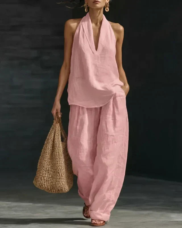 Ainhoa | Kombi-Set aus entspanntem Tanktop und Hose mit weitem Bein - Hellrosa - - Hazel & Mae