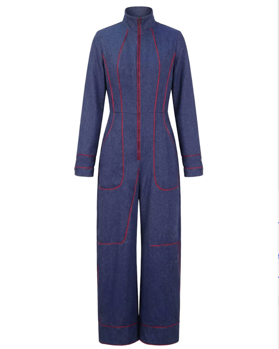 Overall mit Langarm, weitem Bein, Reißverschluss und Stehkragen - - Jumpsuits - Concept Fashionlab