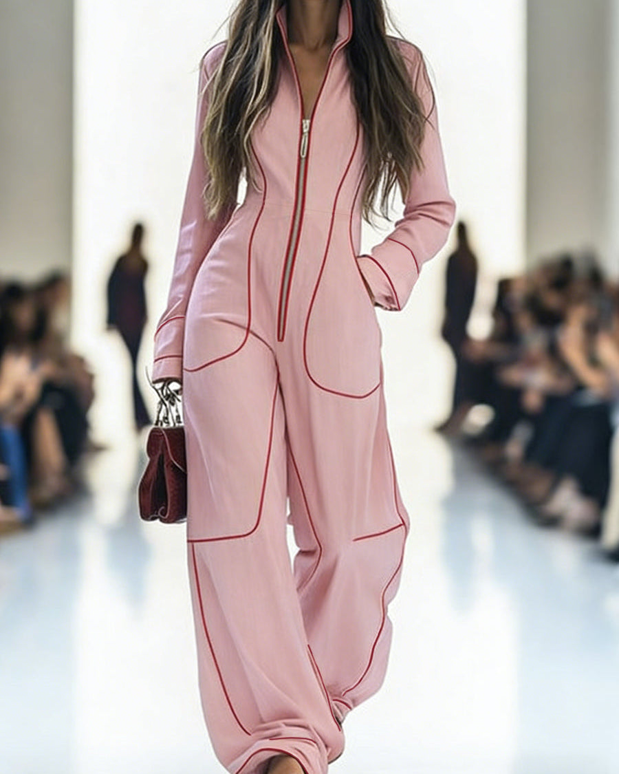 Overall mit Langarm, weitem Bein, Reißverschluss und Stehkragen - ROSA - Jumpsuits - Concept Fashionlab
