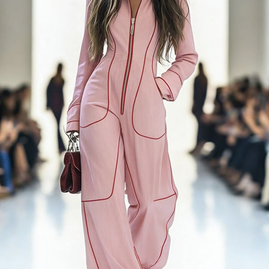 Overall mit Langarm, weitem Bein, Reißverschluss und Stehkragen - ROSA - Jumpsuits - Concept Fashionlab