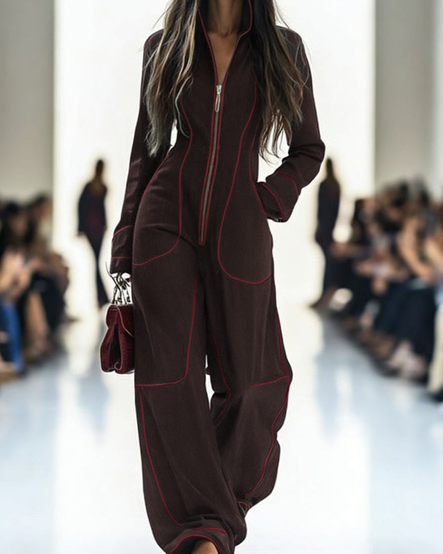 Overall mit Langarm, weitem Bein, Reißverschluss und Stehkragen - KAFFEE - Jumpsuits - Concept Fashionlab