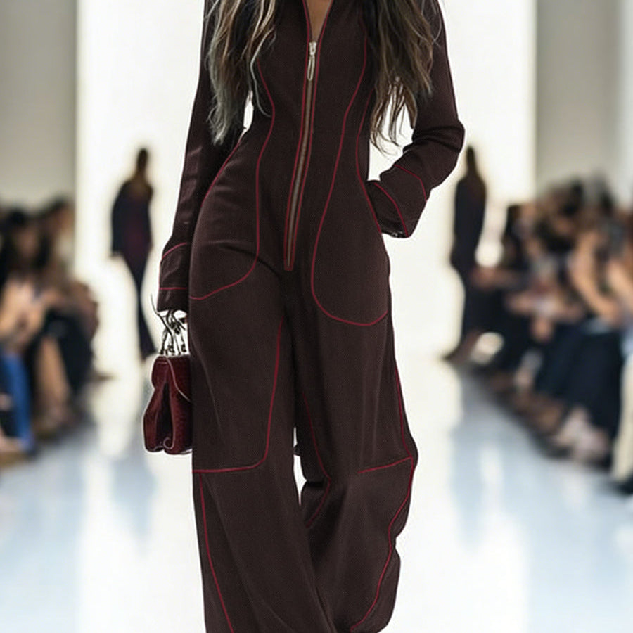 Overall mit Langarm, weitem Bein, Reißverschluss und Stehkragen - KAFFEE - Jumpsuits - Concept Fashionlab