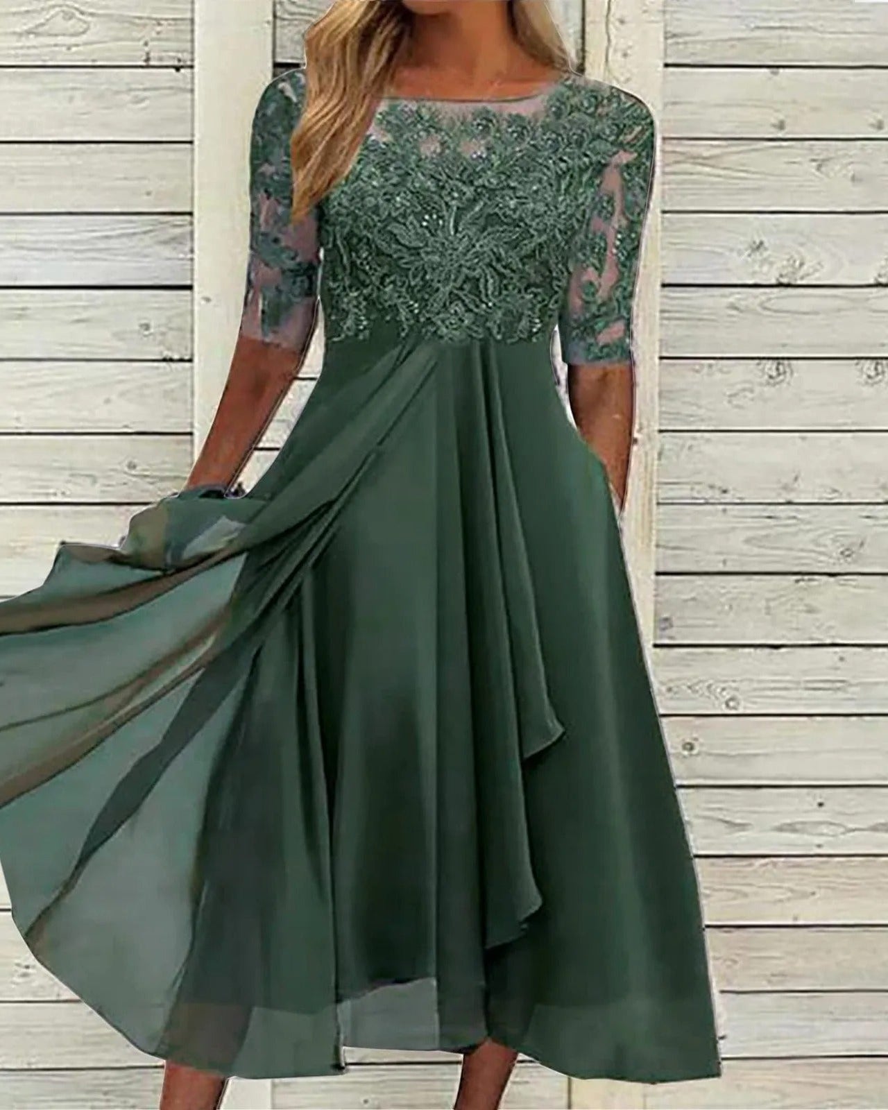 Zaria – Das schmeichelhafte Spitzen-Midikleid - Grün - - Cow Clothing
