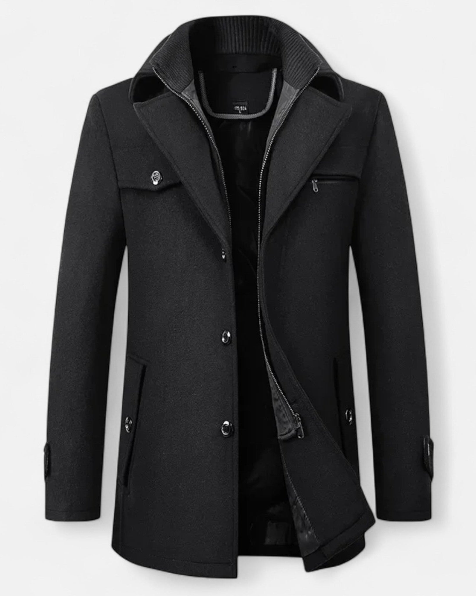 Eleganter Herren Woll-Trenchcoat – Doppelkragen & Reißverschluss - Noir - Men > Coats - Ancienne Monde