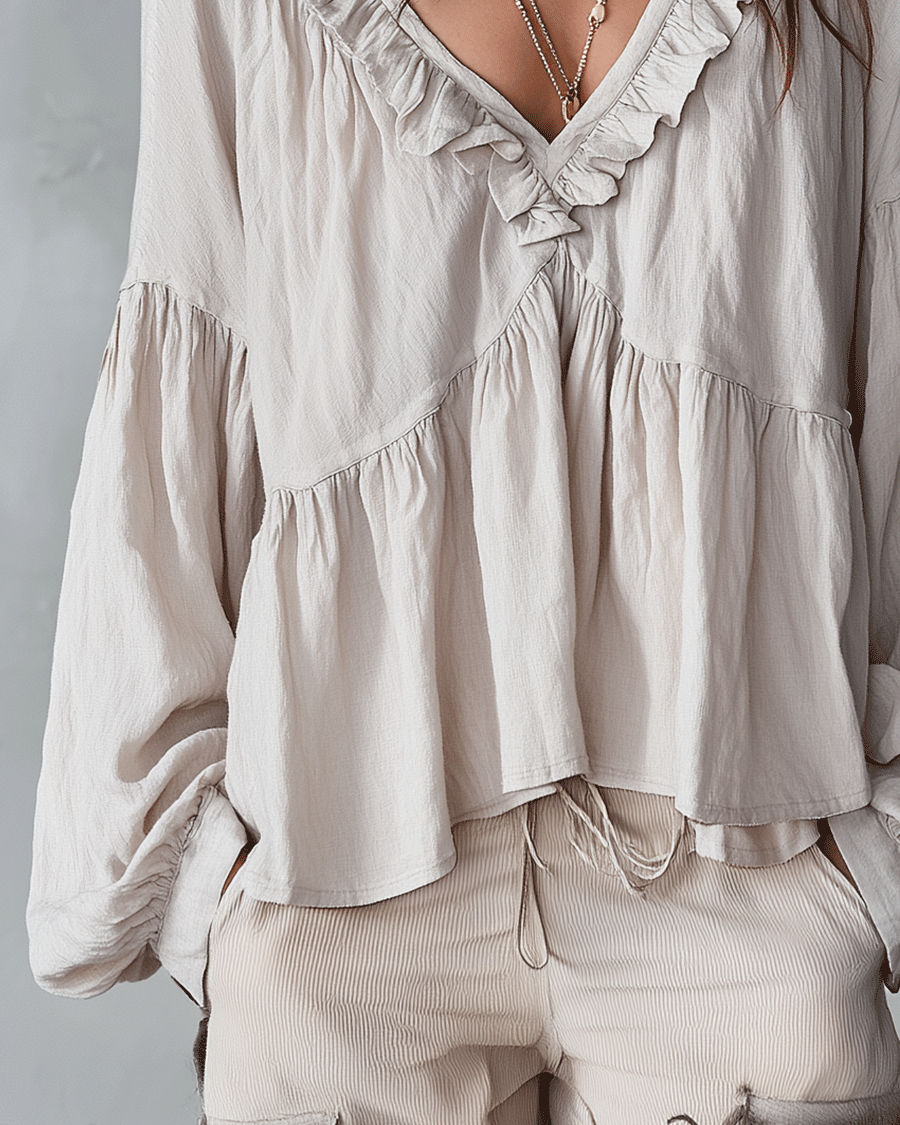 Damen Luftige, vintage-inspirierte Boho-Bluse mit weichen Rüschen - - Damen > Blusen - Concept Fashionlab