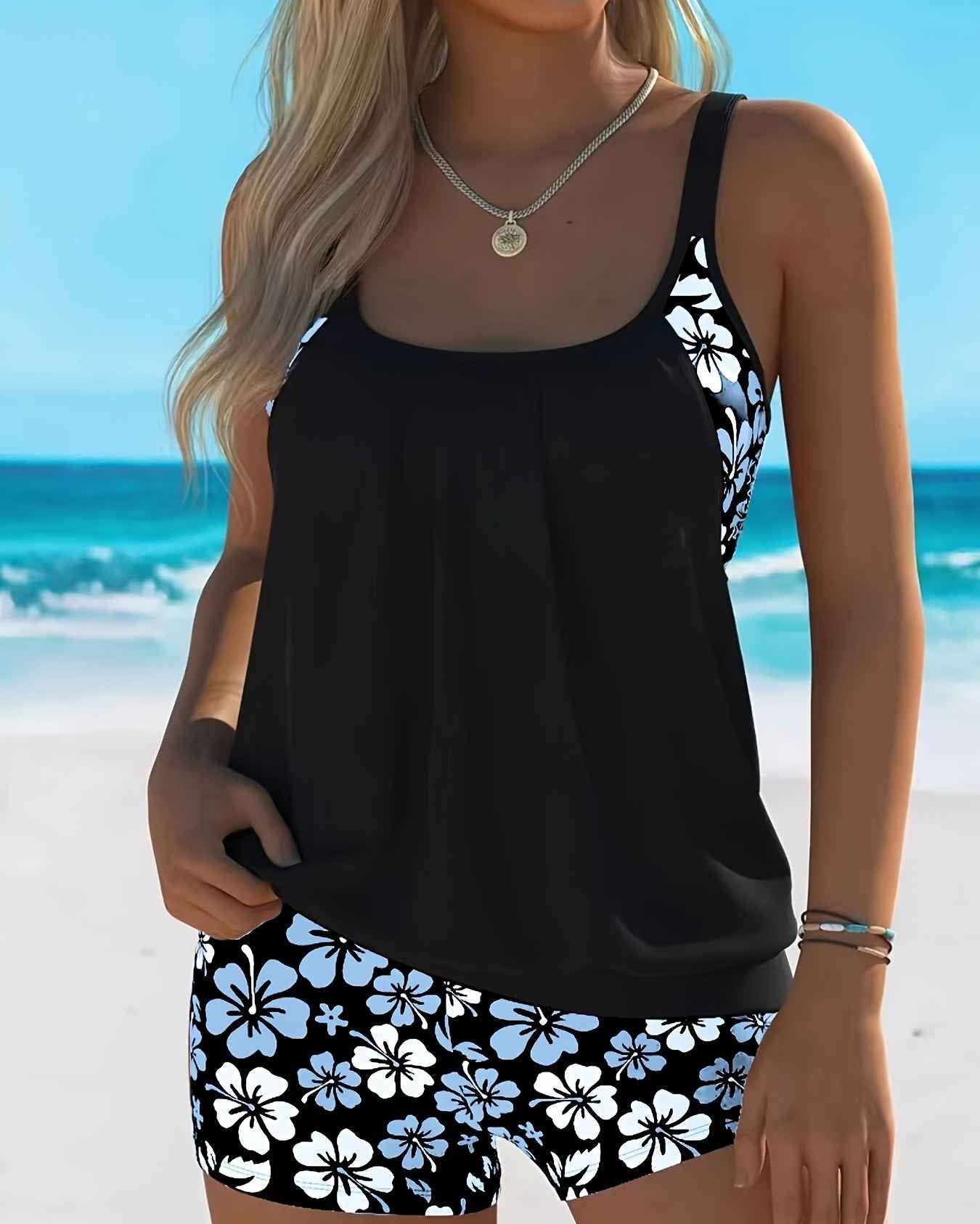 Isabella Tankini-Set mit blauem Blumenmuster – elegantes zweiteiliges Strand-Badeoutfit