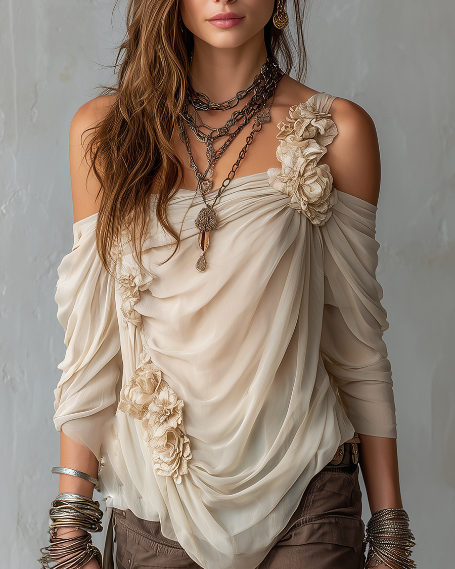 Damen Drapierte schulterfreie Bluse aus floralem Chiffon - Khaki - Damen > Blusen - Concept Fashionlab