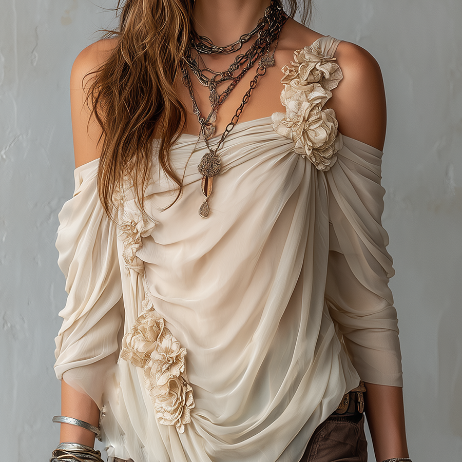 Damen Drapierte schulterfreie Bluse aus floralem Chiffon - Khaki - Damen > Blusen - Concept Fashionlab