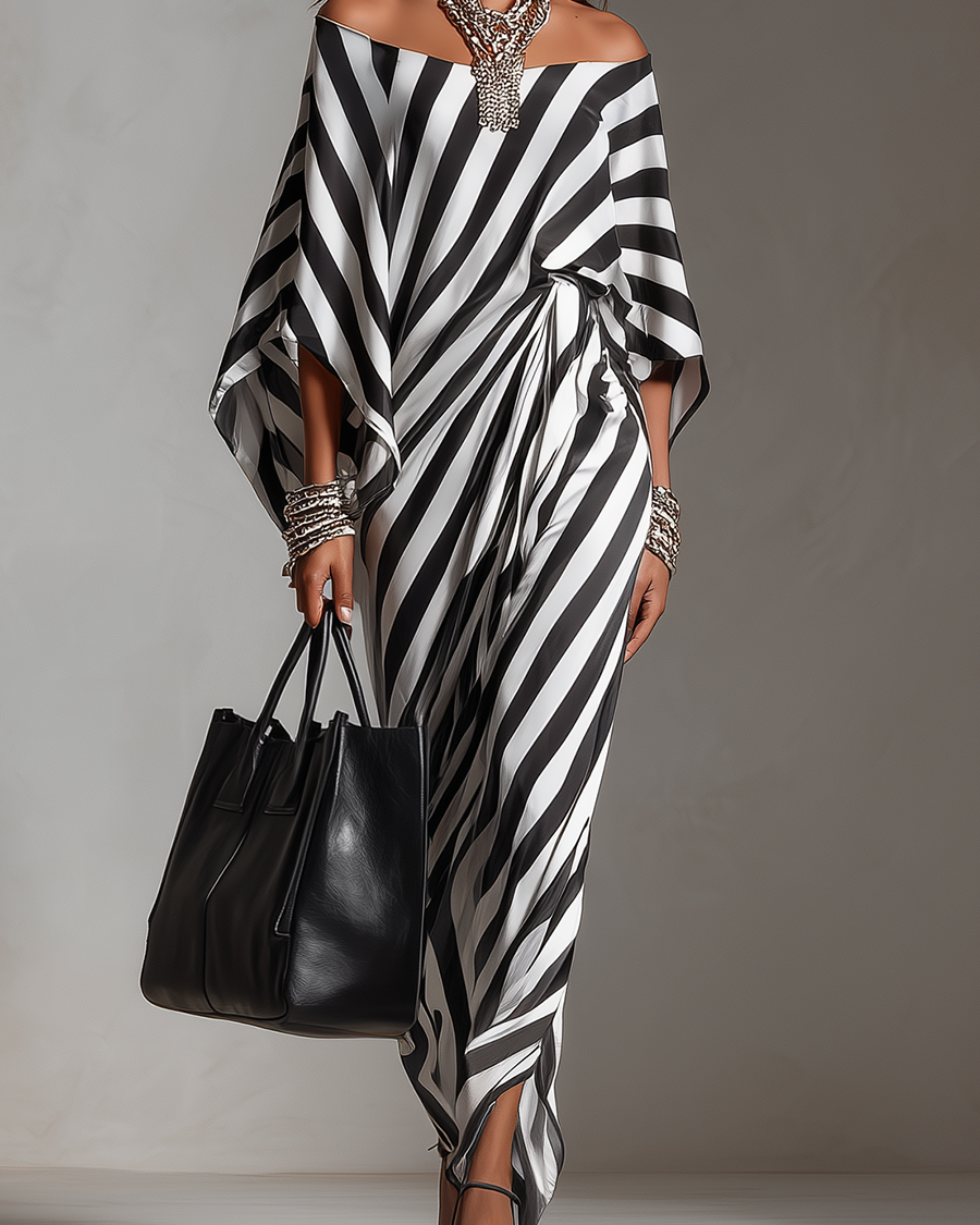 Auffälliges monochromes Streifen-Maxikleid mit asymmetrischem Schnitt - - Maxi Dress - Concept Fashionlab