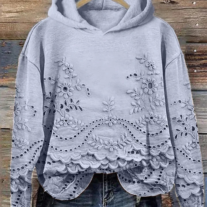 Damen Strickpullover mit Kapuze und floralen Details