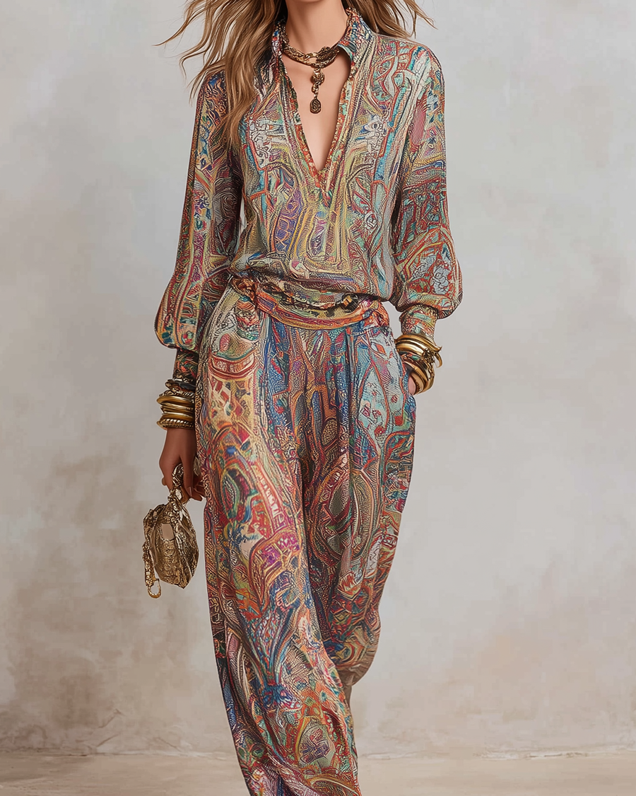 Exquisiter Paisley-Muster-Hosenanzug mit weitem Bein - - Set - Concept Fashionlab