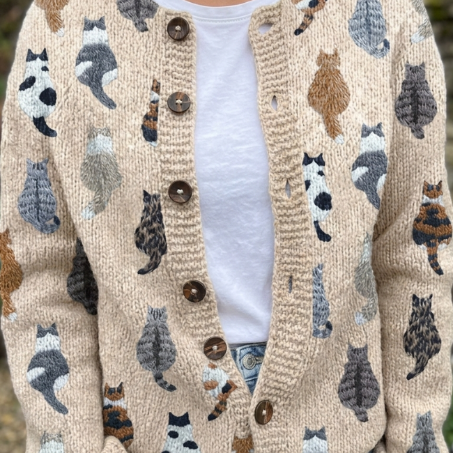 Galerie des Chats Künstlerischer Cardigan - Beige (Bestseller) - - Cow Clothing