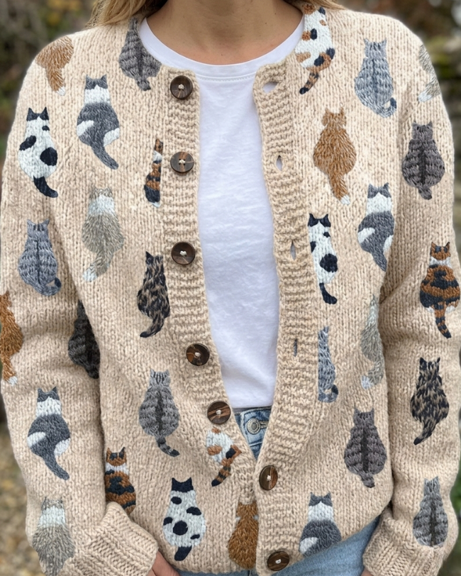 Galerie des Chats Künstlerischer Cardigan - Beige (Bestseller) - - Cow Clothing