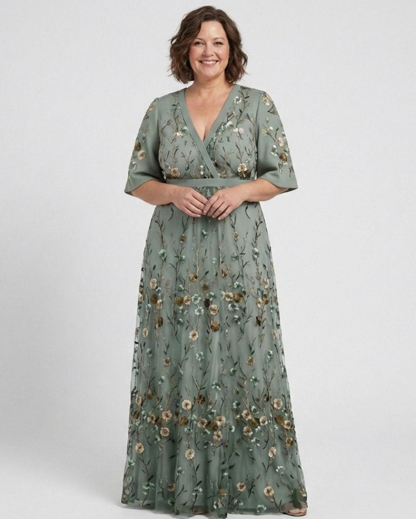 Kurzärmliges Maxikleid mit Blumenmuster und V-Ausschnitt - - - DUUWE