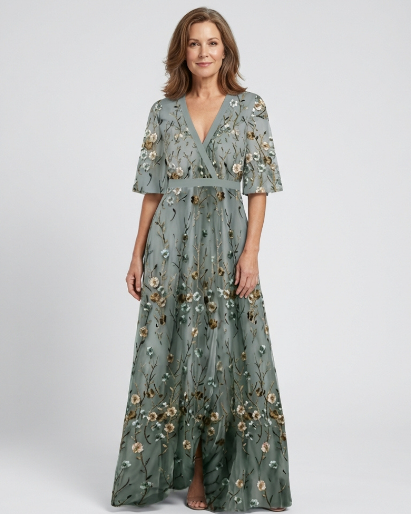 Kurzärmliges Maxikleid mit Blumenmuster und V-Ausschnitt - Grün - - DUUWE