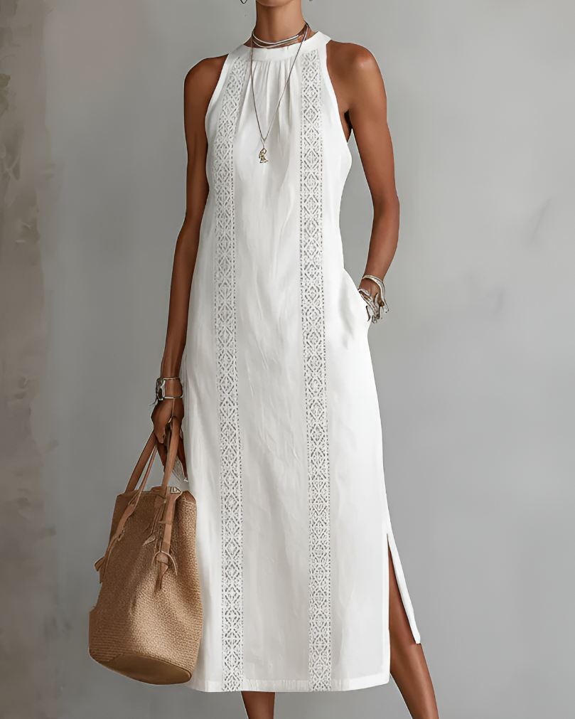 Jimena | Leinen-Midikleid mit Mao-Kragen - Weiß - - Cow Clothing