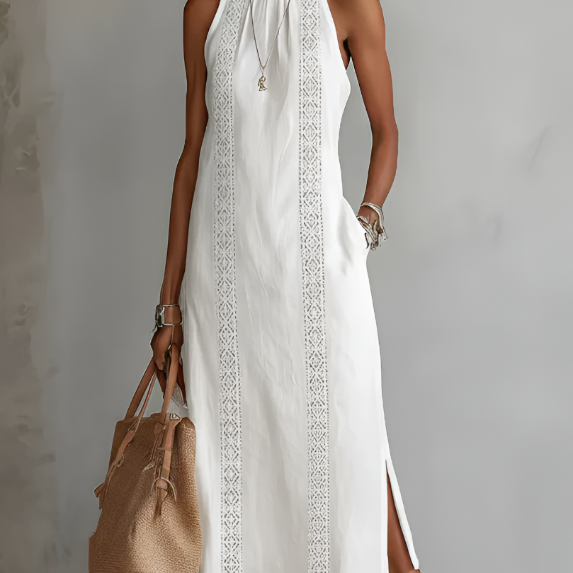 Jimena | Locker geschnittenes, besticktes Midikleid mit Stehkragen