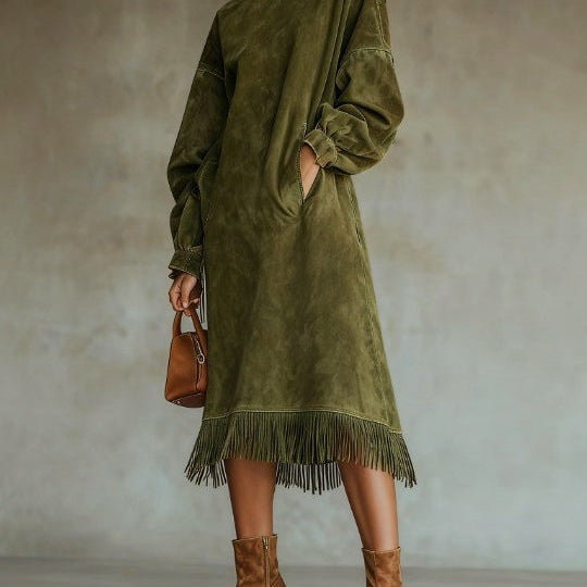 Aurora Wildleder-Fransen-Kleid – Eleganter Boho-Chic-Stil - Grün - Dress - Concept Fashionlab