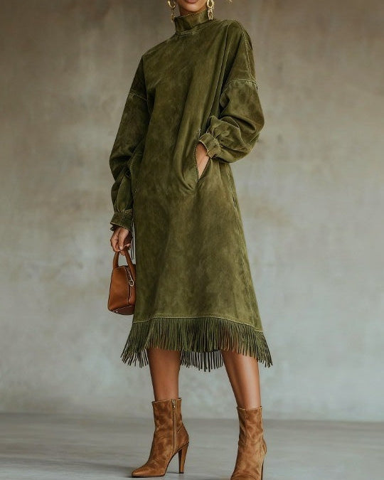 Aurora Wildleder-Fransen-Kleid – Eleganter Boho-Chic-Stil - Grün - Dress - Concept Fashionlab