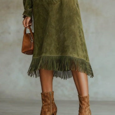 Aurora Wildleder-Fransen-Kleid – Eleganter Boho-Chic-Stil - Khaki - Dress - Concept Fashionlab