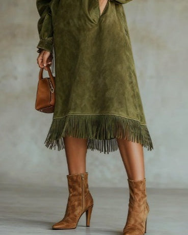 Aurora Wildleder-Fransen-Kleid – Eleganter Boho-Chic-Stil - Khaki - Dress - Concept Fashionlab
