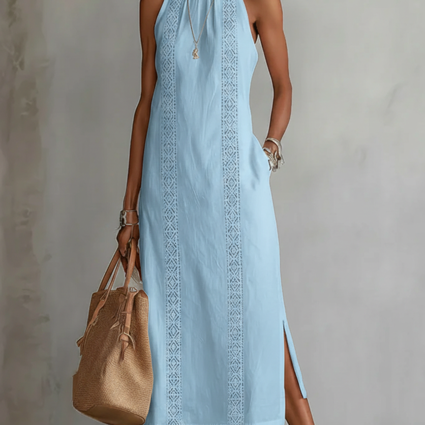 Jimena | Locker geschnittenes, besticktes Midikleid mit Stehkragen