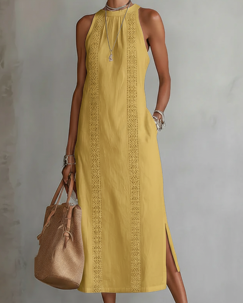 Jimena | Leinen-Midikleid mit Mao-Kragen - Gelb - - Cow Clothing