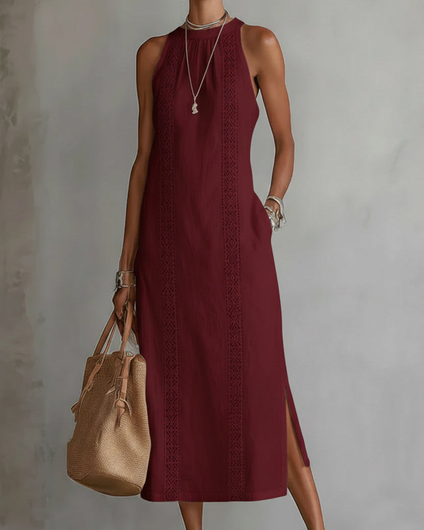 Jimena | Leinen-Midikleid mit Mao-Kragen - Rot - - Cow Clothing