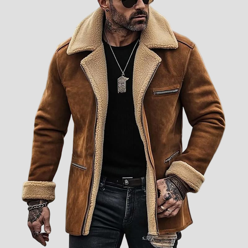 Herren-Wildledermantel mit eleganten Reversen und vielen Taschen