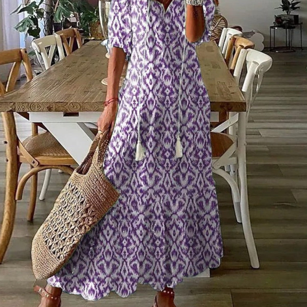 Sophia Boho Vintage V-Ausschnitt Sommerkleid – Müheloser, fließender Stil für Sommertage
