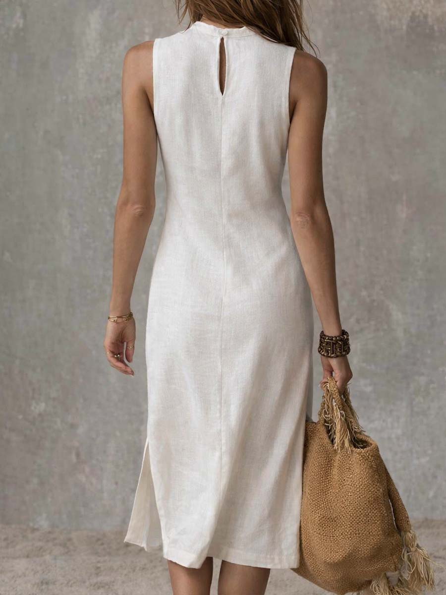 Midikleid aus Baumwolle und Leinen mit Stehkragen und Schlitz am Saum - - Midi Dress - Concept Fashionlab