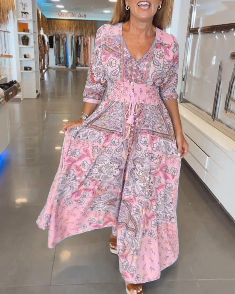 Alira | Kleid mit sieben Ärmeln und V-Ausschnitt - Rosa - - Cow Clothing