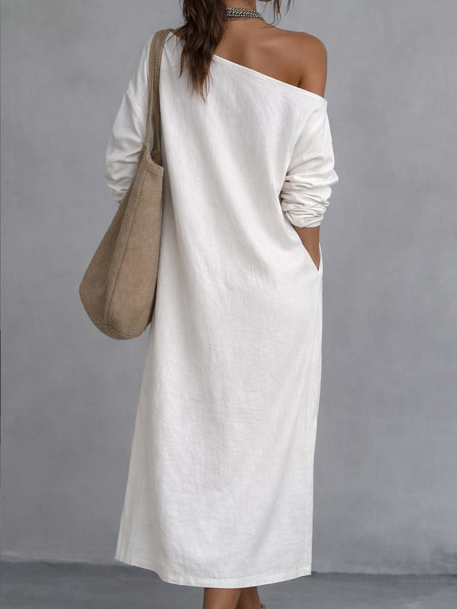 Lockeres Kleid mit einseitigem Träger, Saumschlitz, aus Baumwoll-Leinen-Mischung, Midikleid - - Midi Dress - Concept Fashionlab