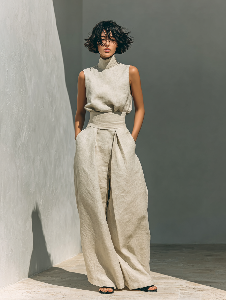 Maria™ | Komplettset mit Tanktop und weiter Baumwoll-Leinenhose - - - Cow Clothing