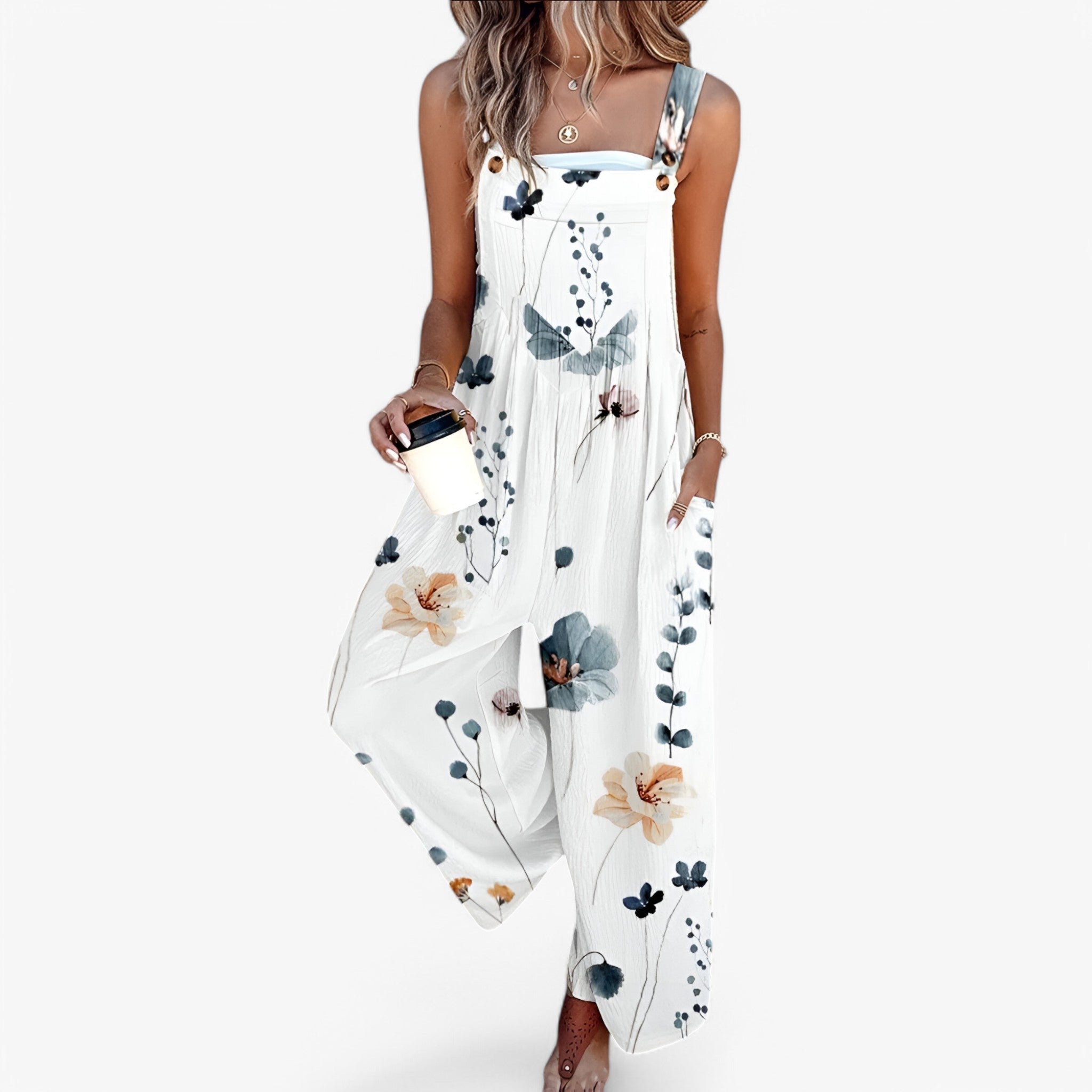 Ärmelloser Jumpsuit mit Blumenmuster Damen - Weiß - Jumpsuit - Concept Fashionlab