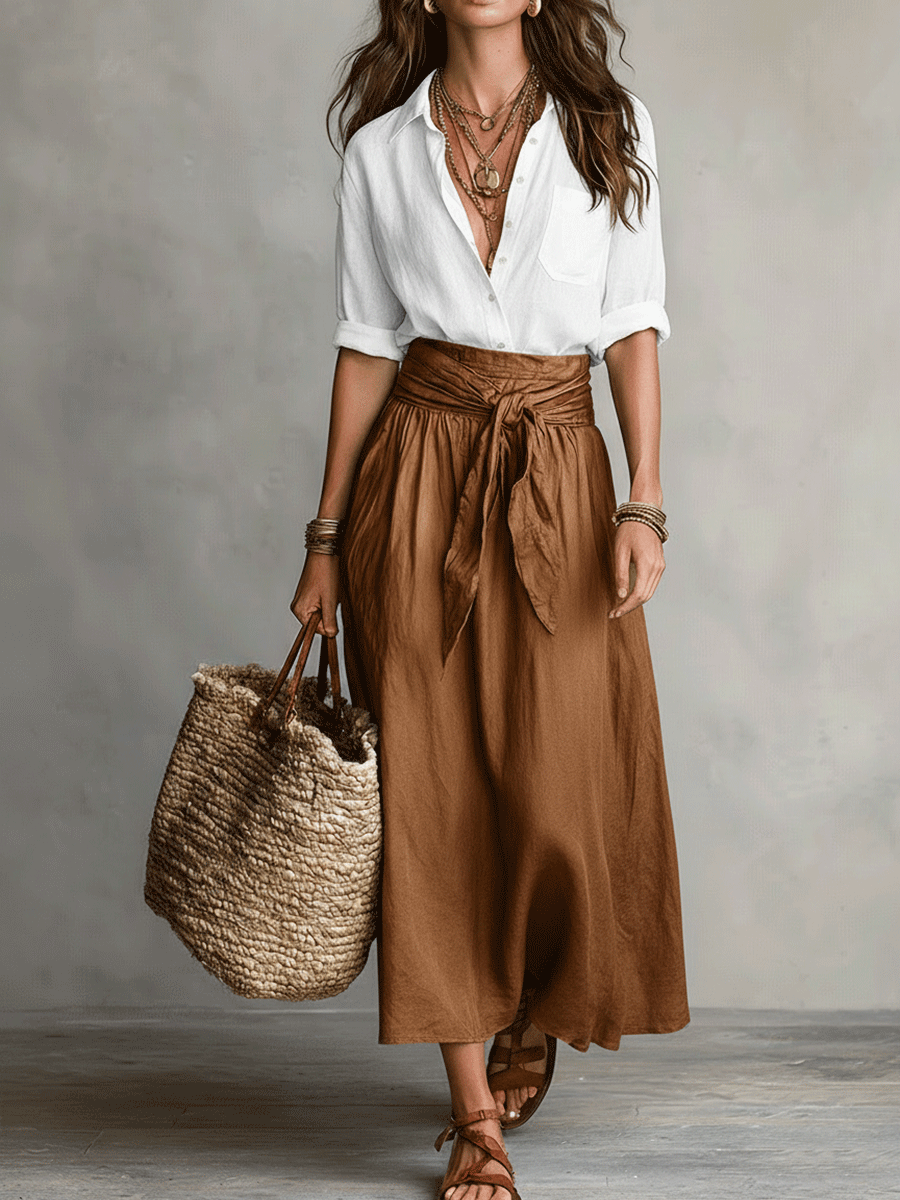 Müheloser Boho-Look: Schwarze Bluse und olivgrüner Satin-Midi-Rock im Set - Weiß - Blouse - Concept Fashionlab