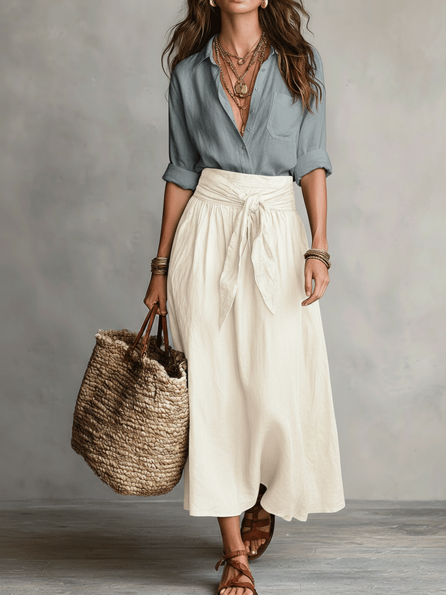Müheloser Boho-Look: Schwarze Bluse und olivgrüner Satin-Midi-Rock im Set - Blau - Blouse - Concept Fashionlab