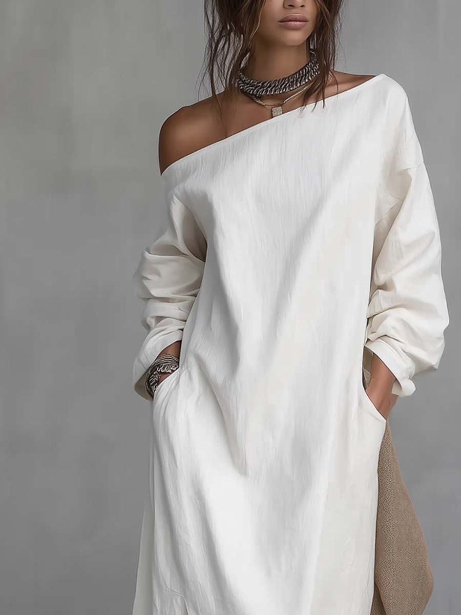 Lockeres Kleid mit einseitigem Träger, Saumschlitz, aus Baumwoll-Leinen-Mischung, Midikleid - - Midi Dress - Concept Fashionlab