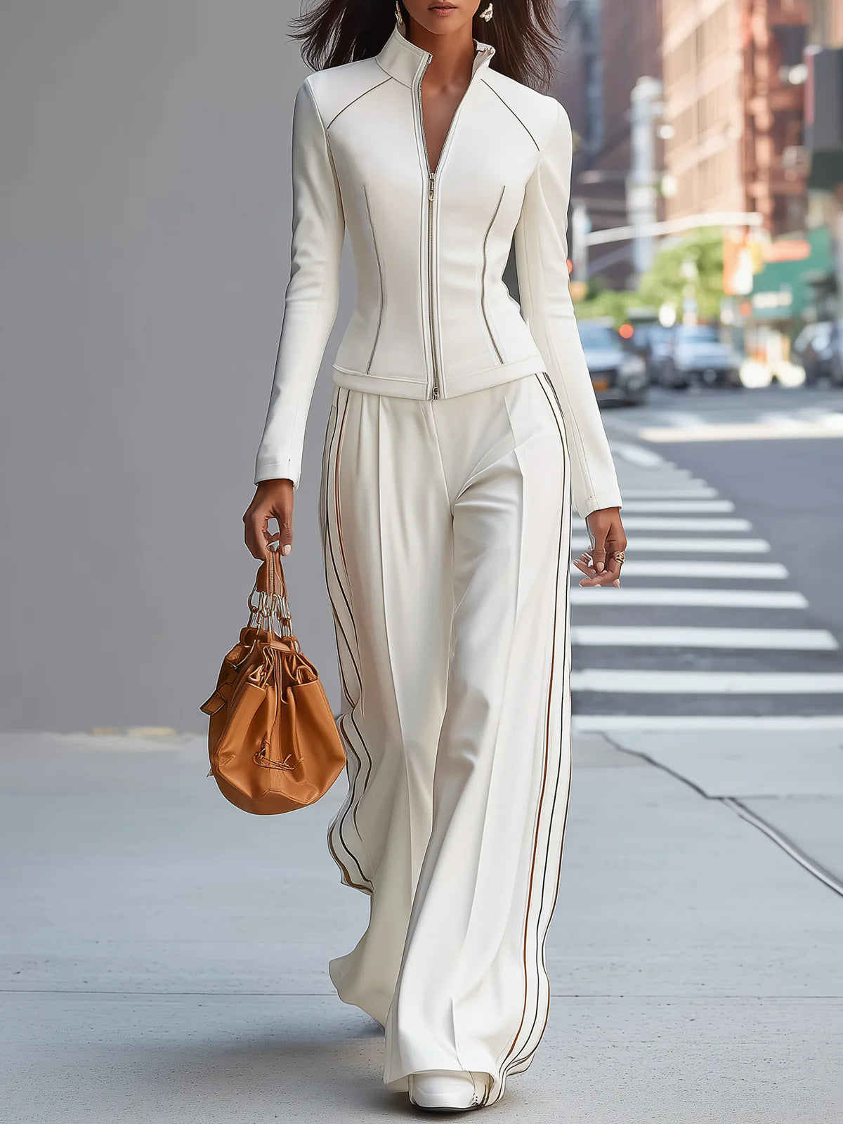 White Stand-Up Collar Zip-Up Top with Wide-Leg Pants Set - - Two-Piece Set - Concept Fashionlab