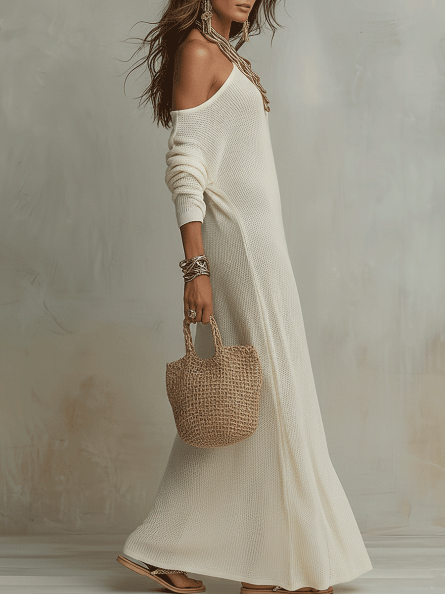 Boho-Einschulter-Maxikleid mit Textur in zartem Elfenbein - Elfenbein - Maxi Dress - Concept Fashionlab