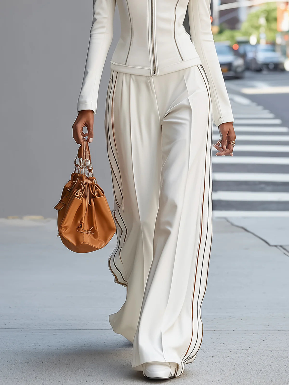 White Stand-Up Collar Zip-Up Top with Wide-Leg Pants Set - - Two-Piece Set - Concept Fashionlab