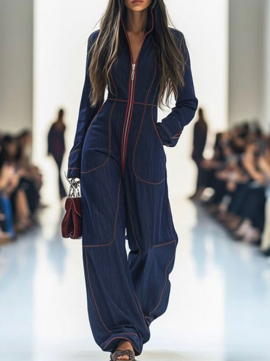 Overall mit Langarm, weitem Bein, Reißverschluss und Stehkragen - - Jumpsuits - Concept Fashionlab
