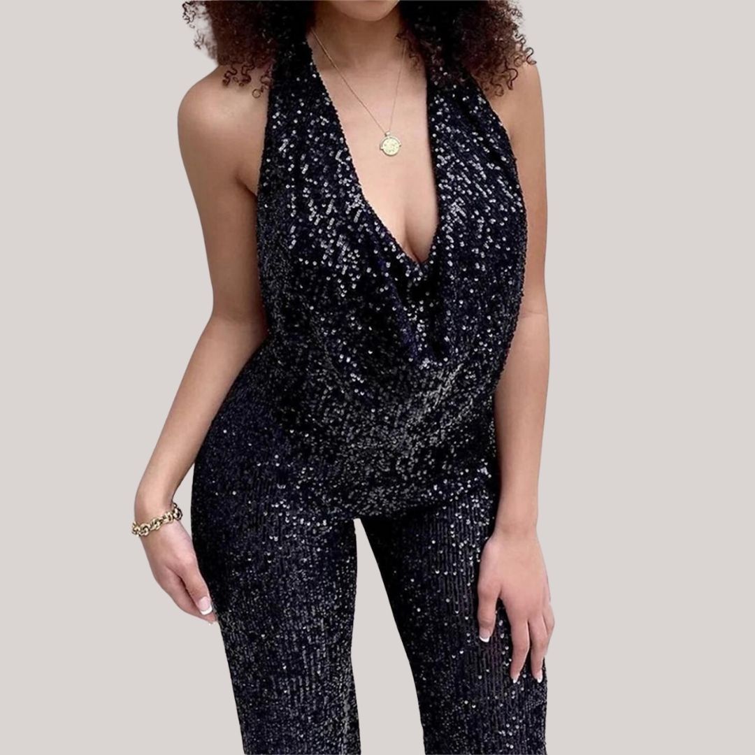 Melody - Pailletten-Halter-Jumpsuit - Schwarz - Jumpsuit - Concept Fashionlab Boutique