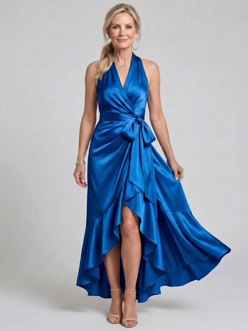 Honora | Neckholder-Wickelkleid mit asymmetrischem Saum - Blau - - DUUWE
