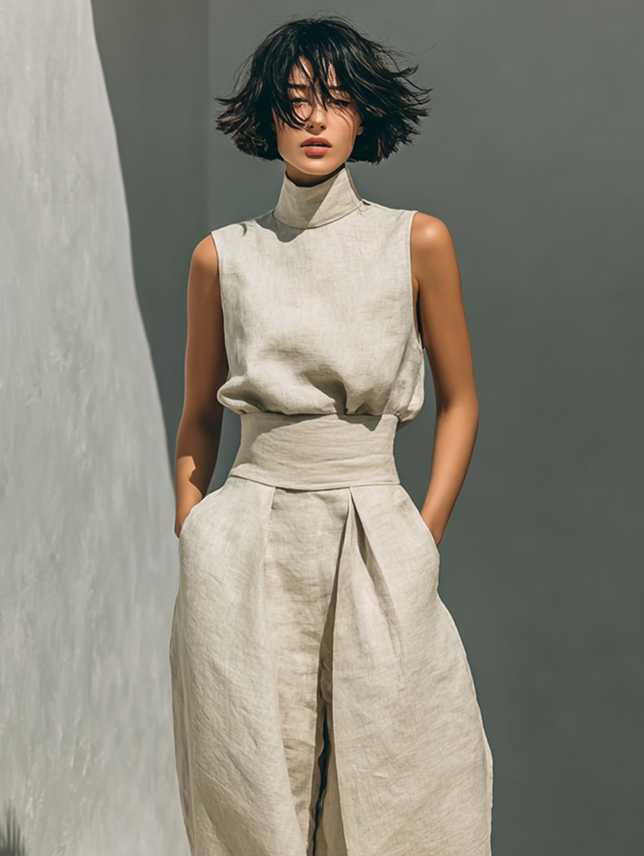 Maria™ | Komplettset mit Tanktop und weiter Baumwoll-Leinenhose - - - Cow Clothing