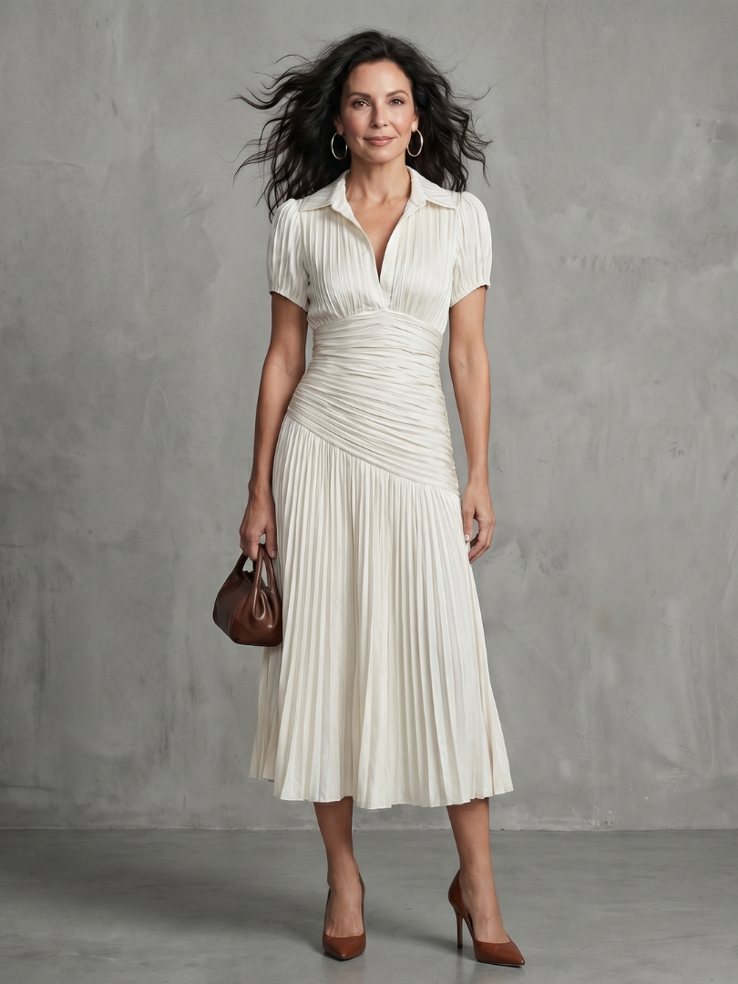 Theodora | Gestreiftes Midikleid mit plissierter Taille - Weiß - - DUUWE