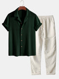 Herren Schickes Waffelstrick-Cuban-Hemd und Hose im geraden Schnitt –
