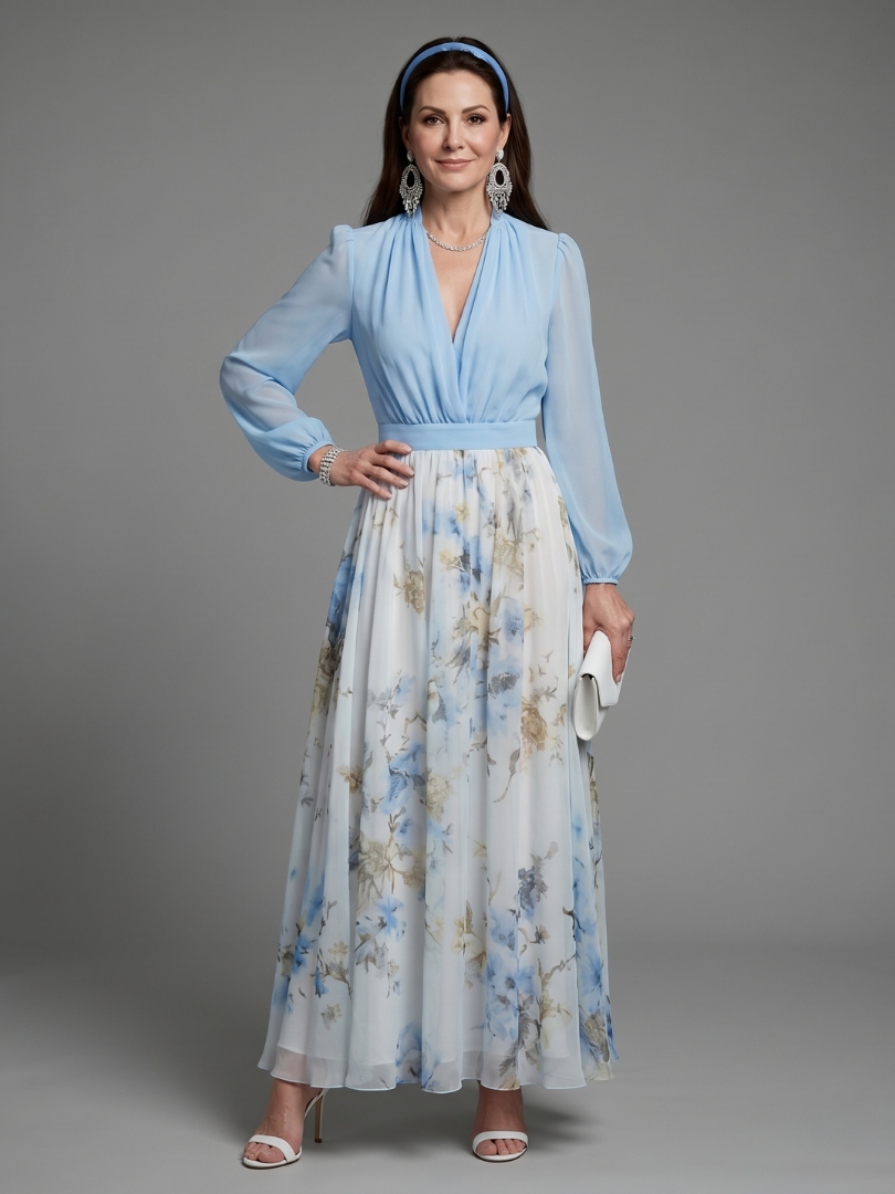 Augusta | Geblümtes Maxikleid mit V-Ausschnitt und durchsichtigem Oberteil - Himmelblau - - DUUWE